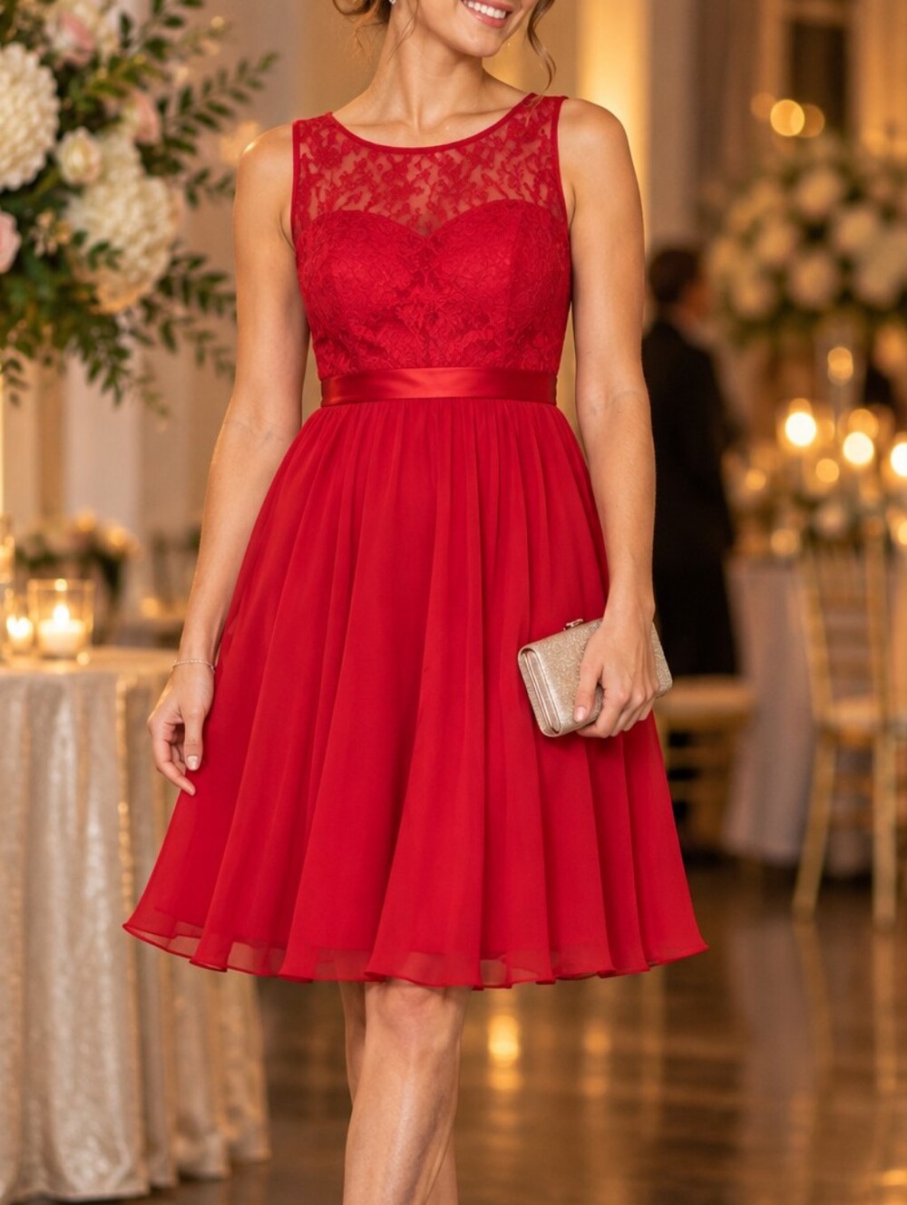 BeryLove Red Lace Chiffon Cocktail Dress M Formal Wedding Homecoming